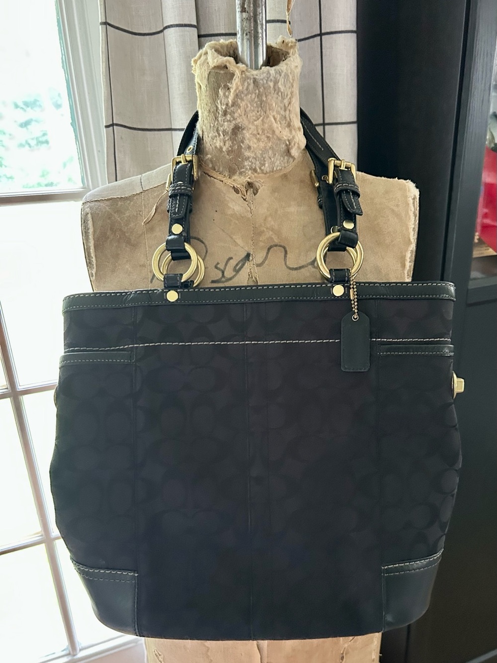 Coach Black Signature Tote with Gold Hardware Accents